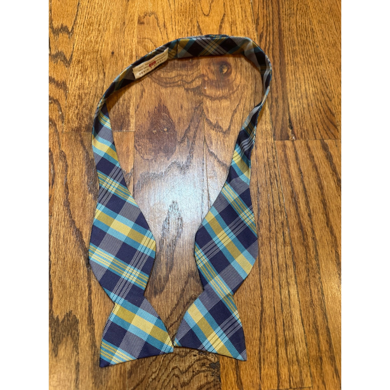 Carrot  Gibbs Mens Pure Silk Self Tie Bow Tie Blue Yellow Plaid Handmade Usa